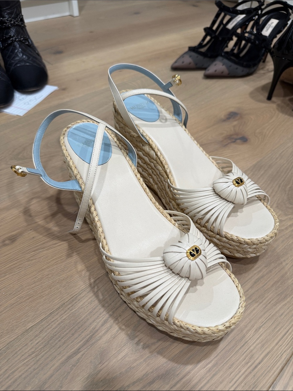 Jimmy Choo Cream Espadrille Wedge Sandals with Light Blue Ankle Strap